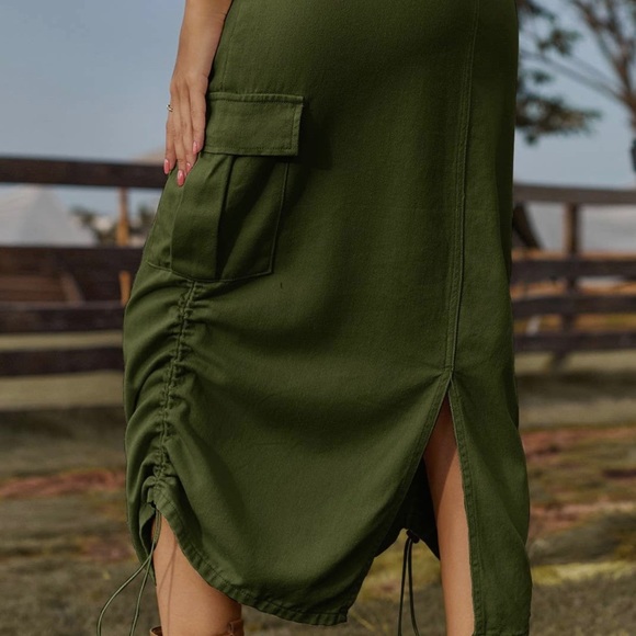 Drawstring Denim Cargo Skirt Casual Midi Skirt - Picture 6 of 8